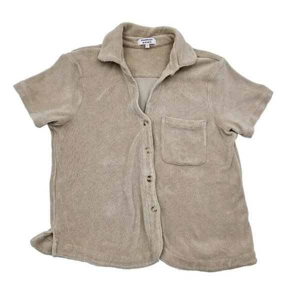 Frankies Bikinis Coco Terry Cloth Front Pocket Shirt In Sand Brown Women's Small - Picture 1 of 7